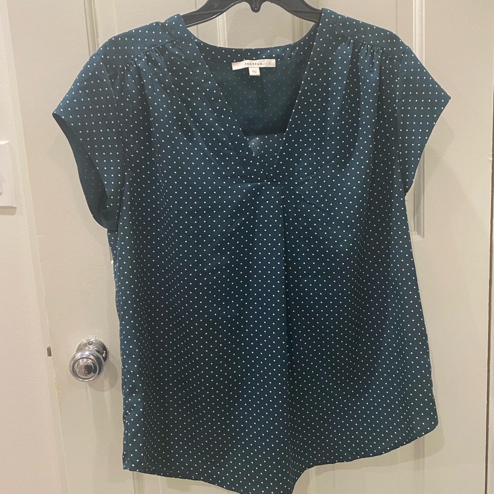 Fun2Fun Lilian v-neck blouse with cute white polka dots on a gorgeous dark green